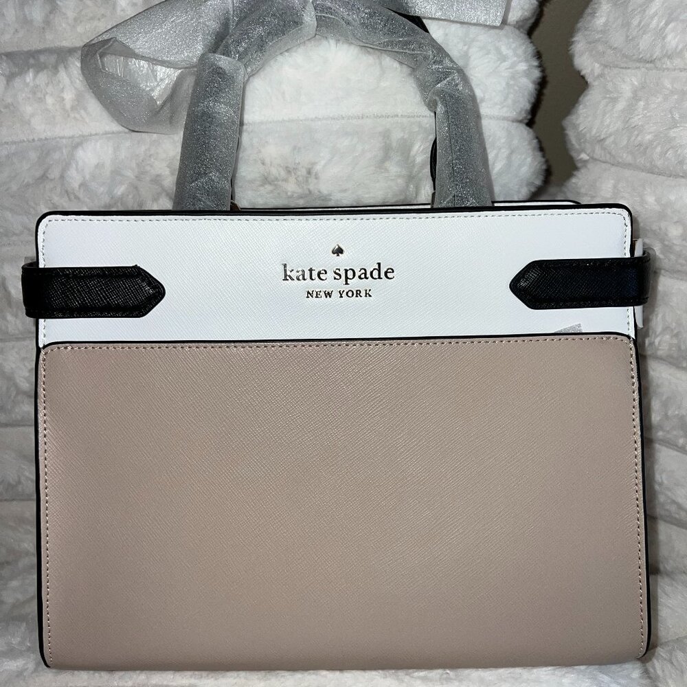 Kate Spade Staci medium Satchel PVC Leather Warm beige Black Cream White